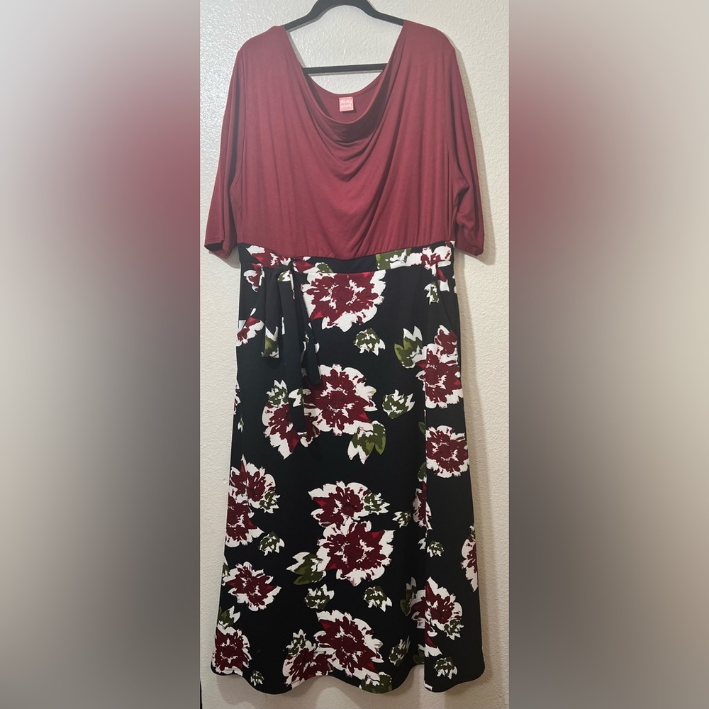 EUC Flirty Pink Floral Cowl Neck Print Maxi Dress with Side Tie 3X